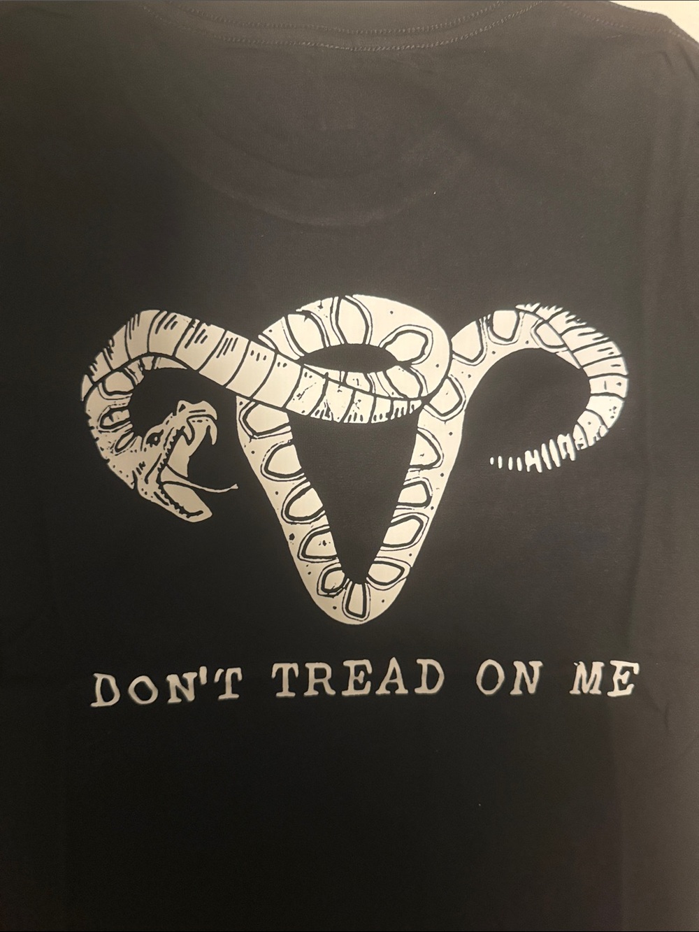 Women’s Black Short Sleeve Tee with White Snake Graphic, “Dont Tread on Me”